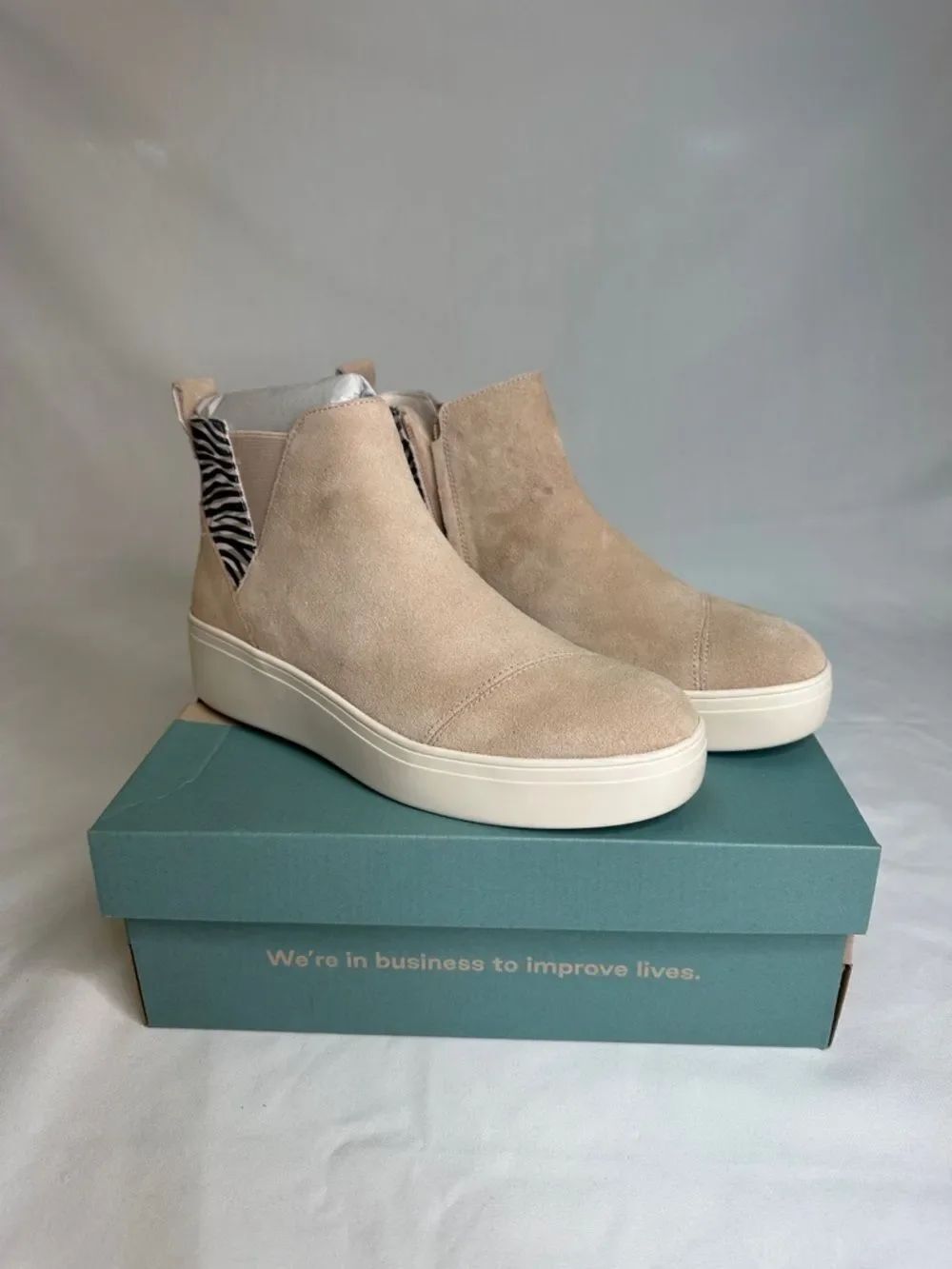 Toms Tan Suede Ankle Booties with Zebra Elastic Panel